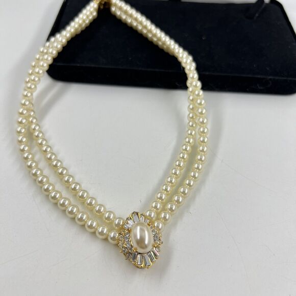 Vintage Faux Pearl Rhinestone Pendant Choker Necklace Cream Gold Tone Elegant - Picture 1 of 4
